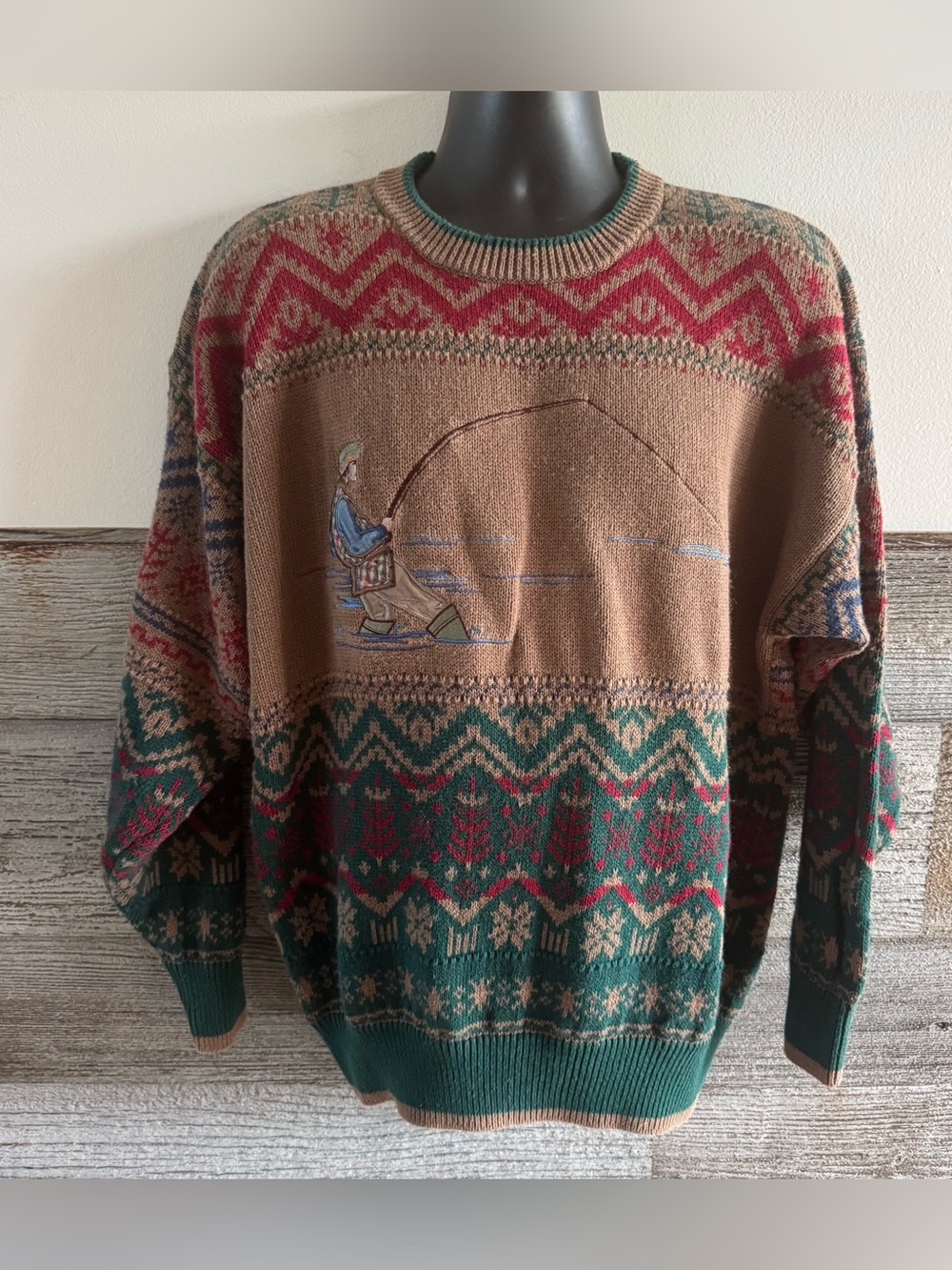 Vintage Cotton Traders Fisherman Sweater Lg 80s Fly Fishing Fair Isle Knit (F1)